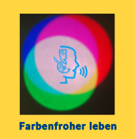 Logo von Farbenfroher leben Eine Grafik zeigt einen sprechenden Kopf. In dem Kopf sind eine Malpalette und ein Theatermaske. Im Hintergrund ein Farbspiel aus verschiedenen Farbkreisen, die überlagert sind. Darunter in einem gelben Rahmen der Schriftzug: Farbenfroher leben.